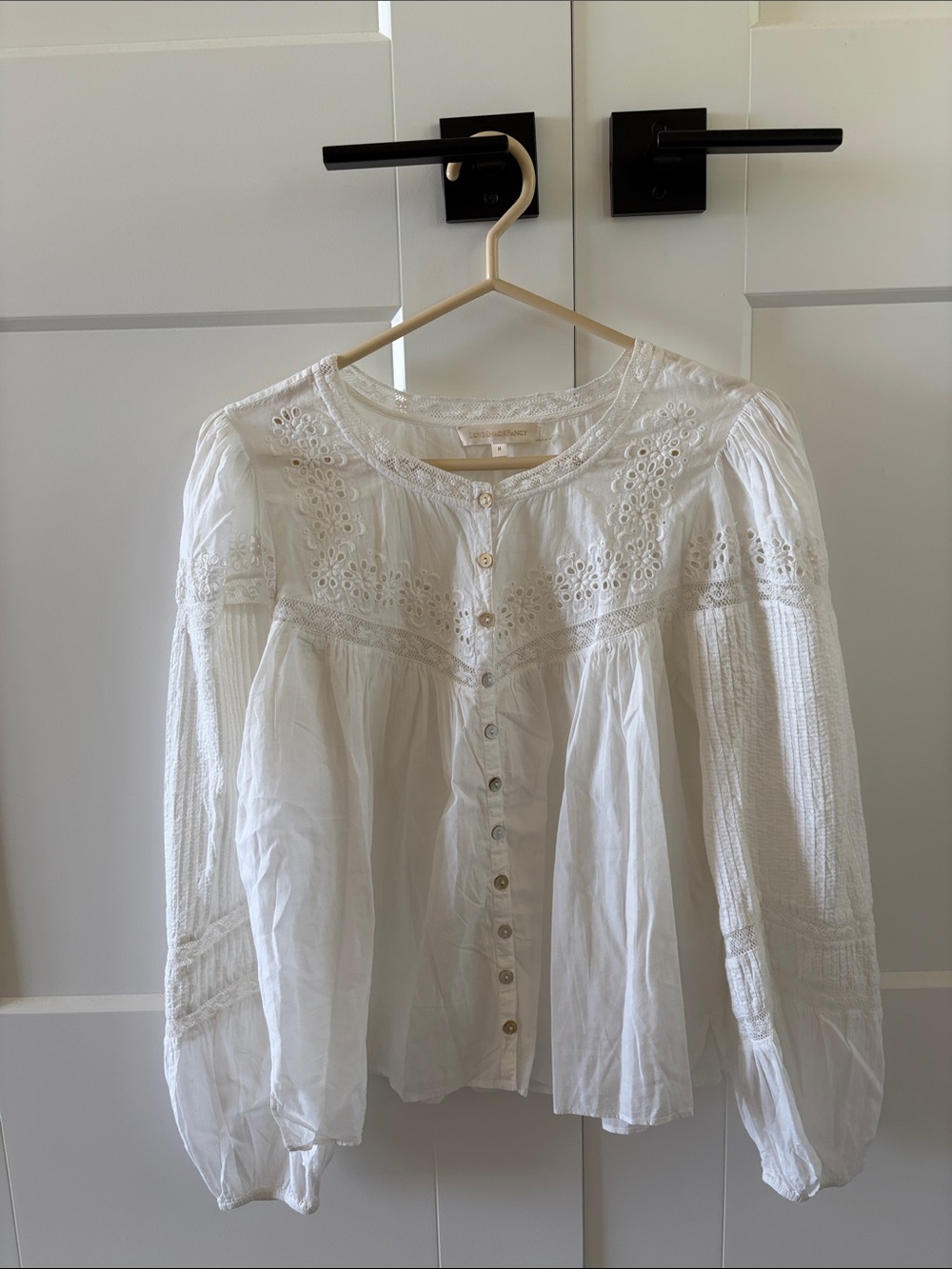 LoveShackFancy White Eyelet Button-Front Peasant Blouse